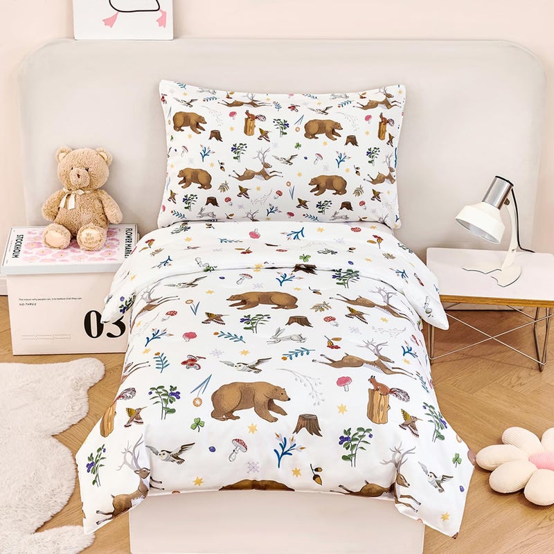 PERFEMET 4-Piece Toddler Bedding Set-Reversible Woodland Animal Toddler Bed Sets for Boys Girls-Soft Lightweight Cartoon Bear Deer Print Toddler Bed Comforter with Sheets for All Season - Image 1